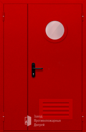 Фото двери «Полуторная с круглым стеклом и решеткой (красная)» в Люберцам